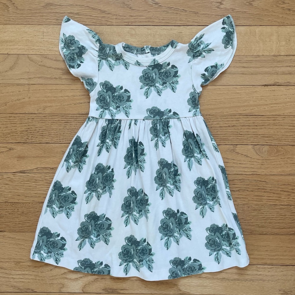 KATE QUINN EUC 100% Organic Cotton Sad Beige Rose Print Flutter Sleeve Dress